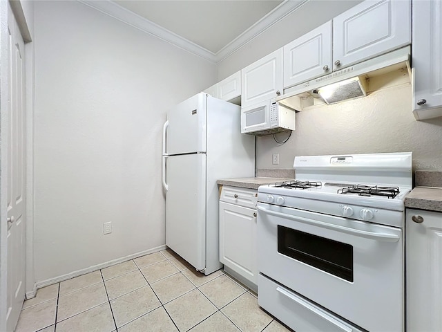 kitchen with crown molding, white appliances, light tile patterned floors, and white cabinets