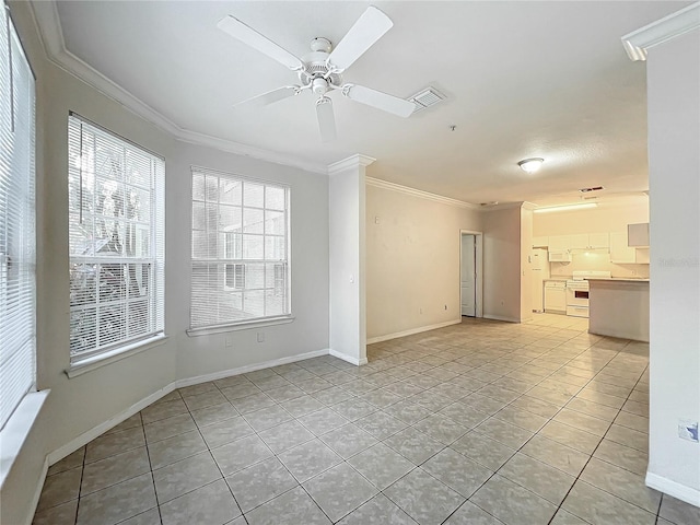 unfurnished room featuring ornamental molding, light tile patterned flooring, and ceiling fan