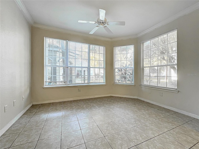 tiled empty room with crown molding and ceiling fan