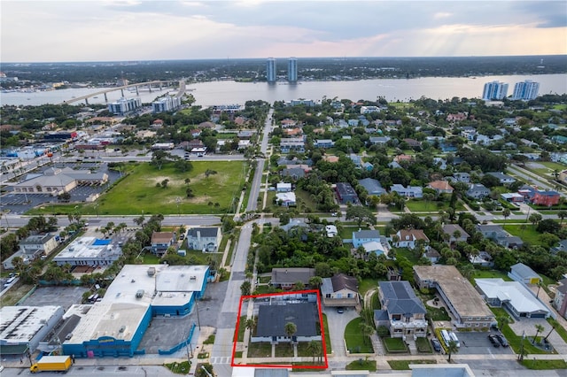 drone / aerial view featuring a water view