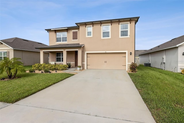 view of front of home with cooling unit, a front lawn, and a garage