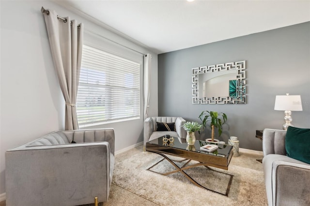 living area featuring light colored carpet