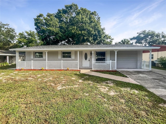 single story home with a front yard and covered porch