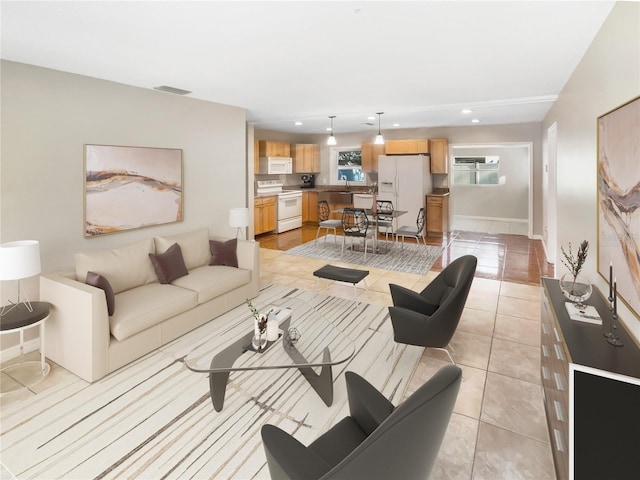 tiled living room with sink