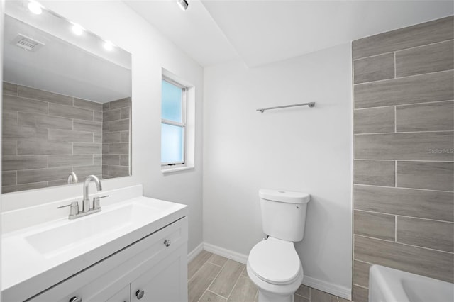 full bathroom featuring separate shower and tub, toilet, hardwood / wood-style flooring, and vanity