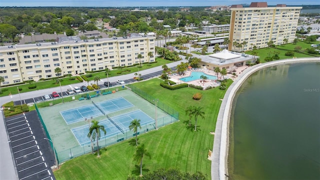 birds eye view of property featuring a water view