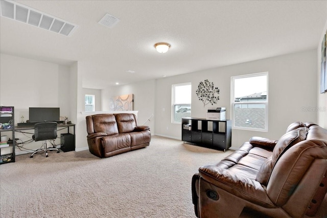 carpeted living room featuring a textured ceiling