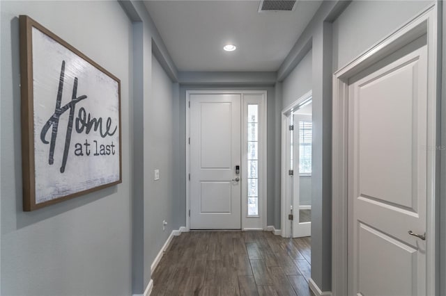 interior space with dark wood-type flooring