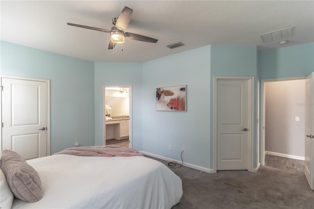 bedroom with ceiling fan, carpet floors, visible vents, and baseboards