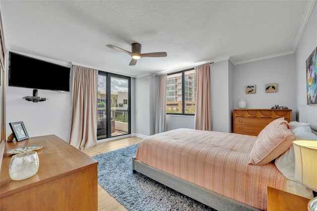 bedroom with access to outside, ceiling fan, crown molding, a textured ceiling, and light hardwood / wood-style flooring