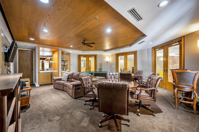 interior space featuring pool table, carpet floors, wooden ceiling, and french doors