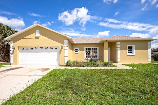 ranch-style house with a garage and a front lawn