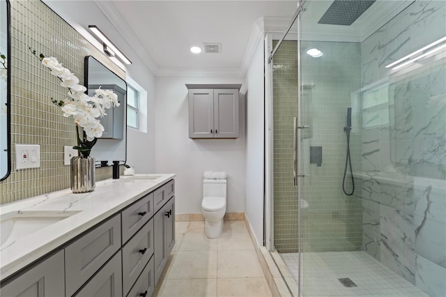 bathroom with toilet, walk in shower, tile patterned flooring, crown molding, and vanity