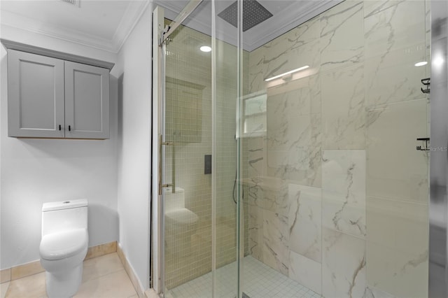 bathroom featuring a shower with door, crown molding, toilet, and tile patterned floors