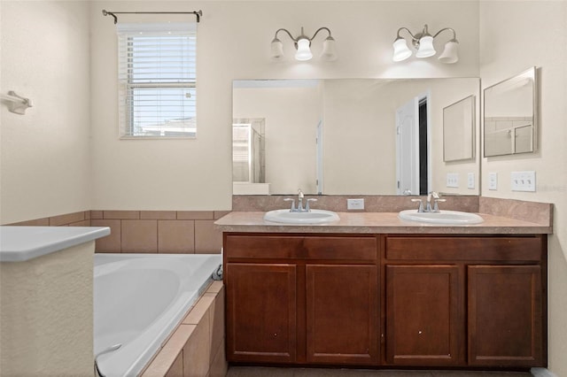 bathroom with vanity and plus walk in shower