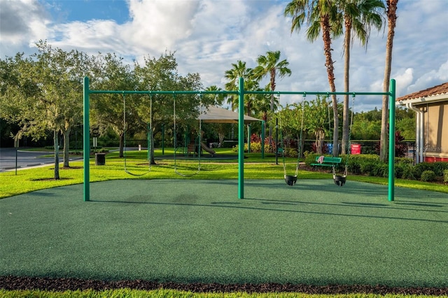 view of jungle gym featuring a yard