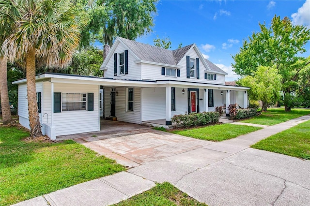 view of front of house featuring a front lawn, a carport, and covered porch