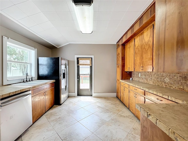 kitchen featuring appliances with stainless steel finishes, a wealth of natural light, vaulted ceiling, and sink