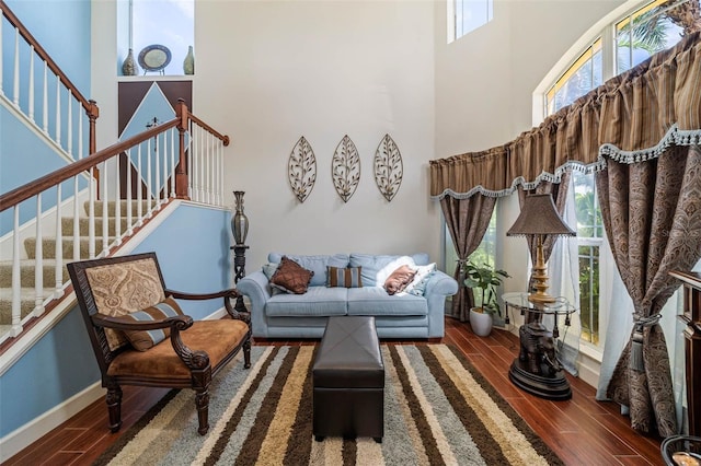 living room with a high ceiling and hardwood / wood-style flooring