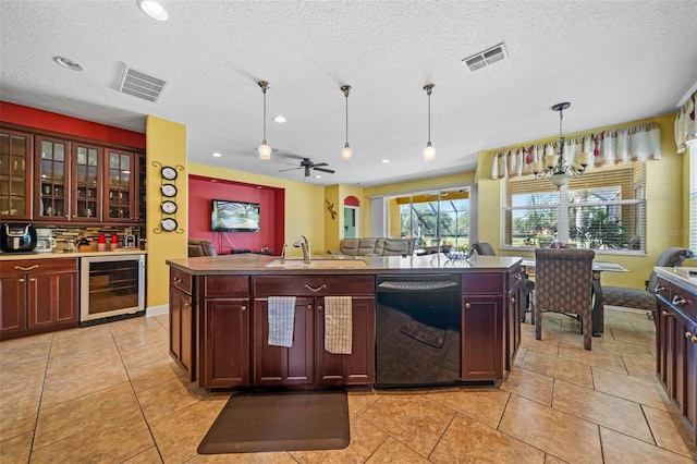 kitchen with wine cooler, black dishwasher, a kitchen island with sink, and sink