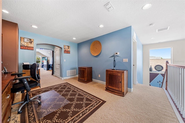 home office with a textured ceiling and light colored carpet