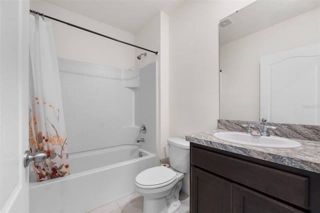 full bathroom with vanity, toilet, shower / bath combination with curtain, and tile patterned flooring