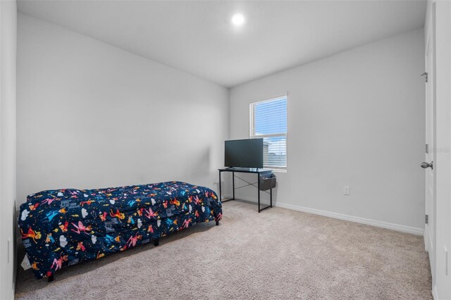 bedroom with light colored carpet