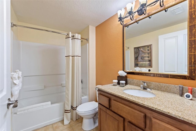 full bathroom featuring a textured ceiling, vanity, shower / bath combination with curtain, toilet, and tile patterned floors