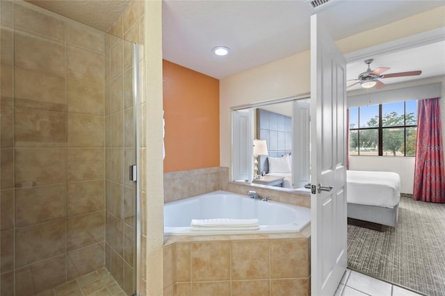 bathroom with independent shower and bath, ceiling fan, and tile patterned flooring