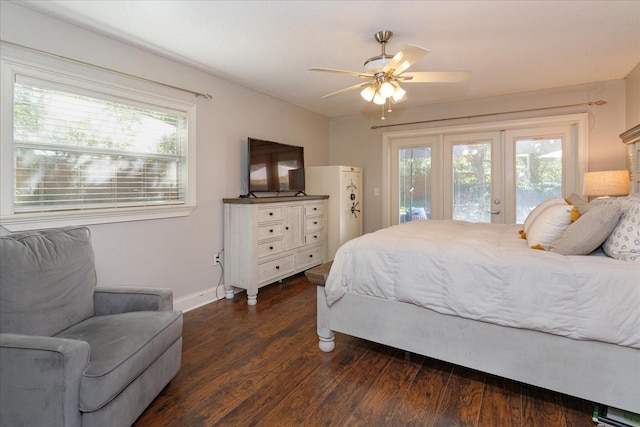 bedroom with dark hardwood / wood-style floors, ceiling fan, and access to exterior