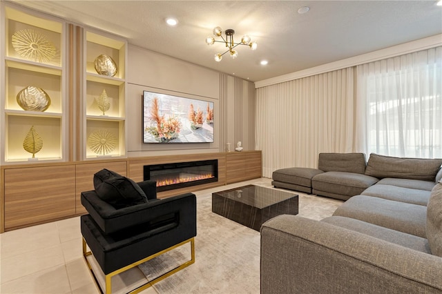 tiled living room featuring a notable chandelier, built in shelves, and a textured ceiling