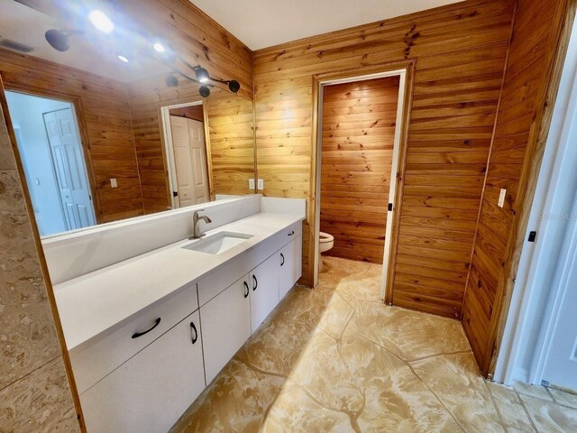 bathroom with toilet, wooden walls, and vanity