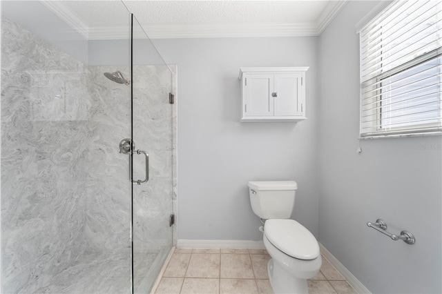 bathroom with tile patterned floors, crown molding, an enclosed shower, and toilet