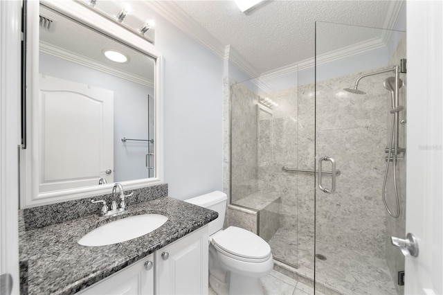 bathroom featuring walk in shower, toilet, crown molding, a textured ceiling, and vanity