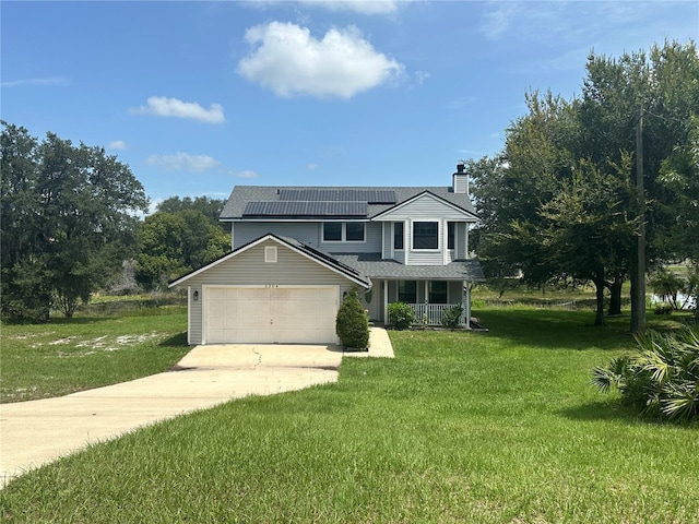 view of front of home with a garage, a porch, and a front lawn