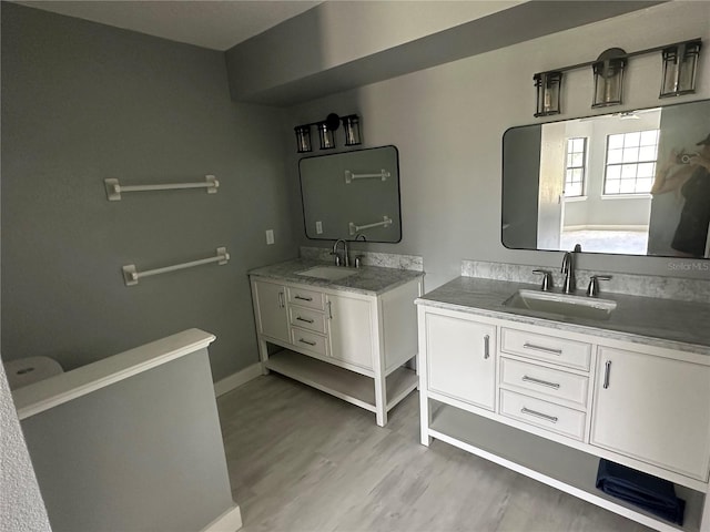 bathroom with two vanities, wood finished floors, baseboards, and a sink