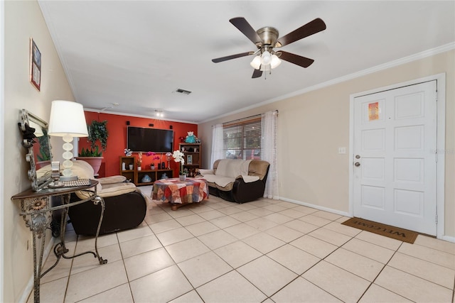 tiled living room with crown molding and ceiling fan