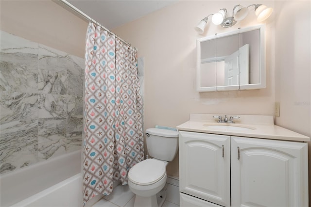 full bathroom with vanity, toilet, shower / tub combo with curtain, and tile patterned flooring