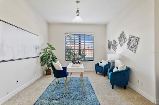 sitting room with light colored carpet