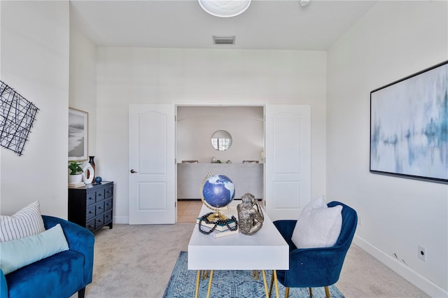 home office featuring light colored carpet