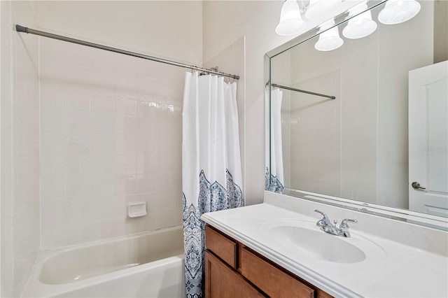 bathroom featuring vanity and shower / bath combo with shower curtain