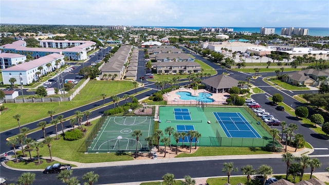 drone / aerial view with a water view