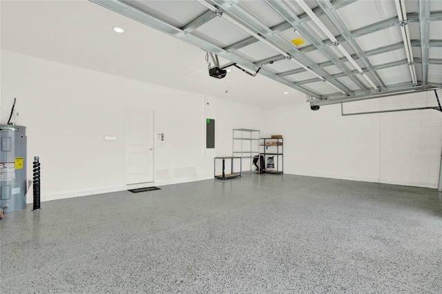 garage with electric water heater, electric panel, and a garage door opener