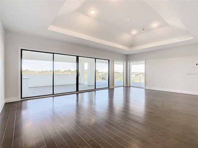 empty room with a raised ceiling, plenty of natural light, and dark hardwood / wood-style floors