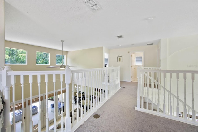 hall featuring light colored carpet and a textured ceiling