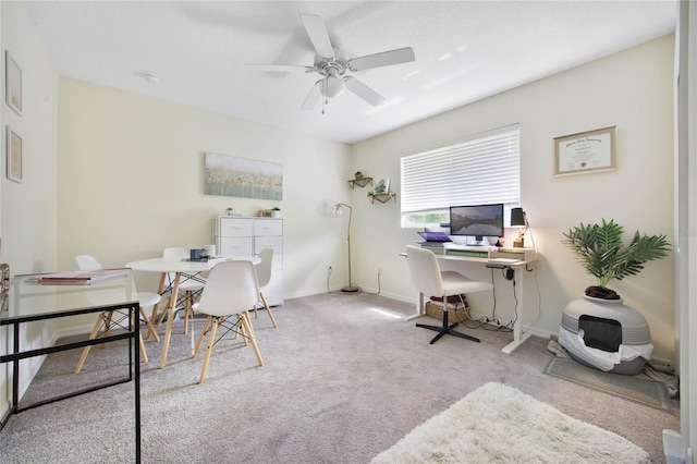 carpeted office featuring ceiling fan