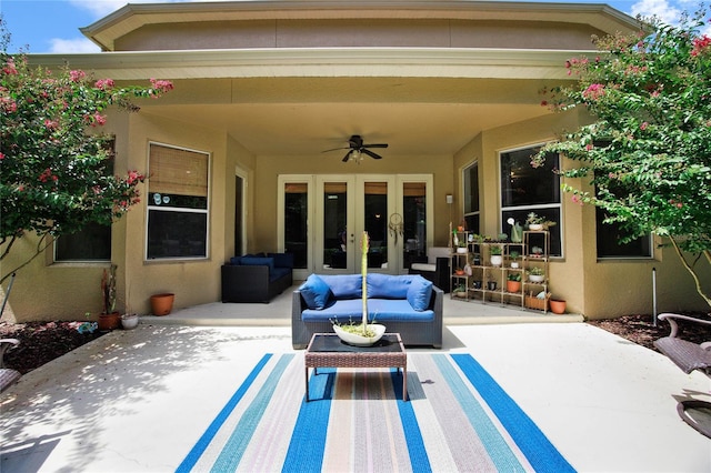 view of patio / terrace with french doors, outdoor lounge area, and ceiling fan