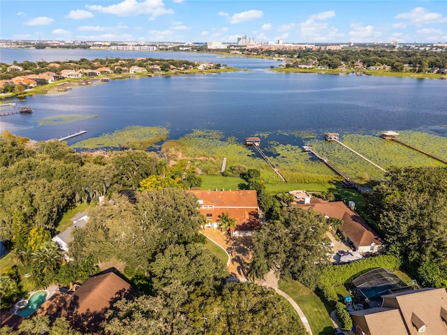 drone / aerial view with a water view