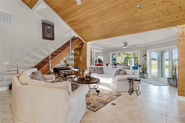 living room featuring ceiling fan, light tile patterned flooring, wood ceiling, french doors, and high vaulted ceiling