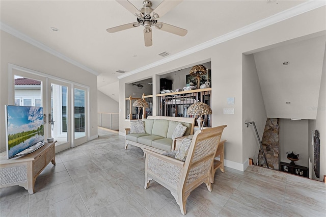 living room featuring ceiling fan, ornamental molding, and french doors